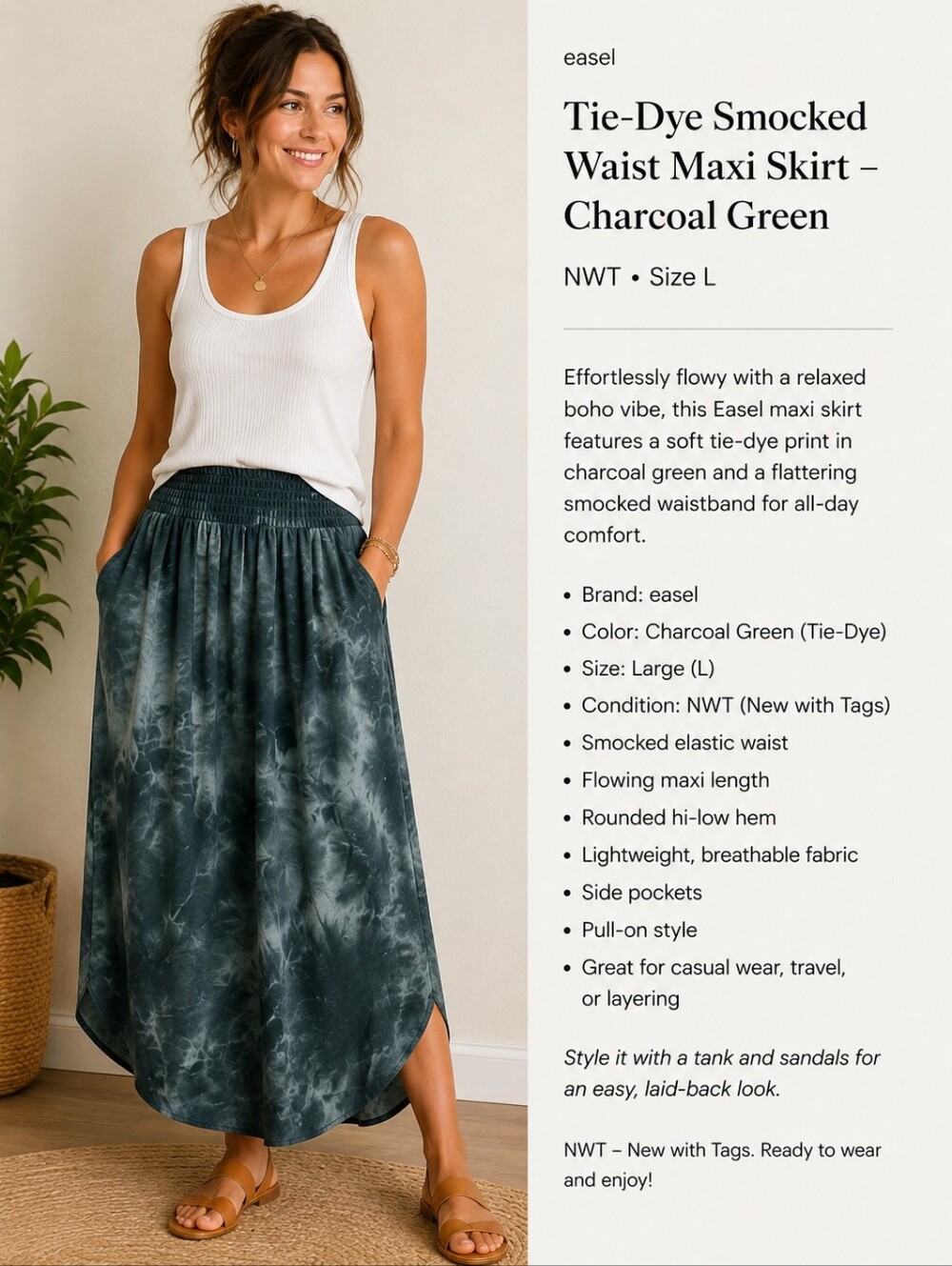 Tie-Dye Smocked Waist Maxi Skirt - Charcoal Green
